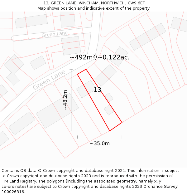 13, GREEN LANE, WINCHAM, NORTHWICH, CW9 6EF: Plot and title map