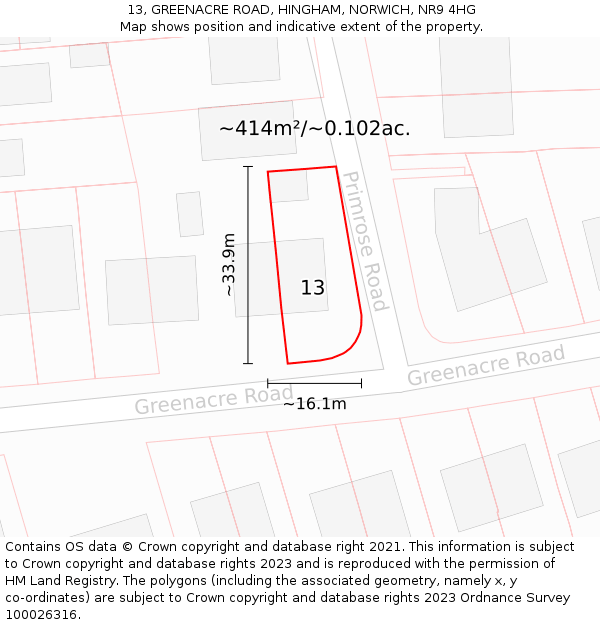 13, GREENACRE ROAD, HINGHAM, NORWICH, NR9 4HG: Plot and title map