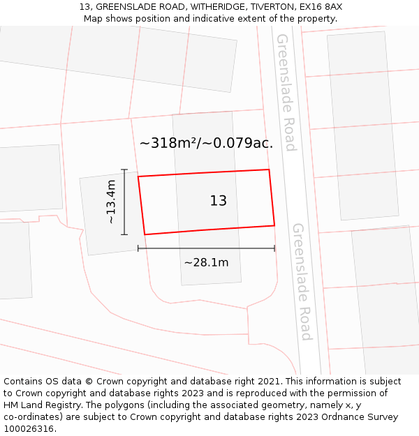 13, GREENSLADE ROAD, WITHERIDGE, TIVERTON, EX16 8AX: Plot and title map