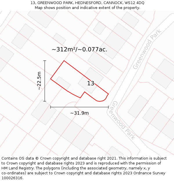 13, GREENWOOD PARK, HEDNESFORD, CANNOCK, WS12 4DQ: Plot and title map