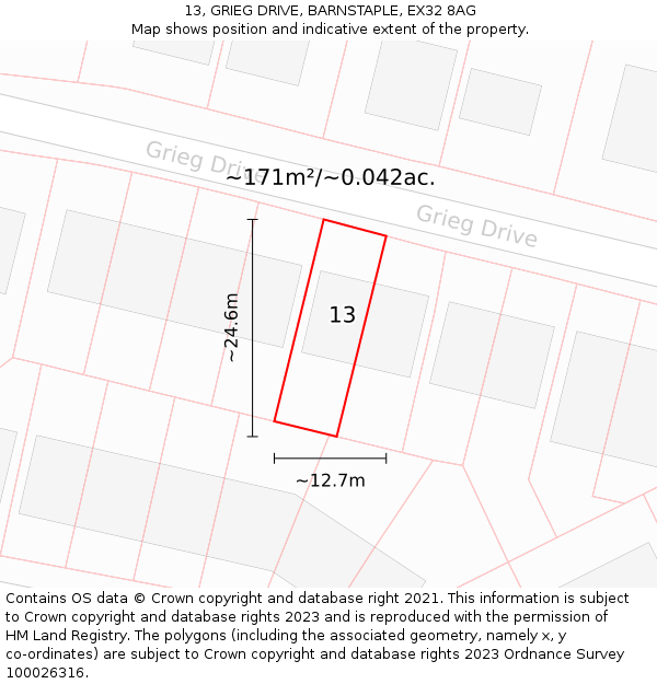 13, GRIEG DRIVE, BARNSTAPLE, EX32 8AG: Plot and title map