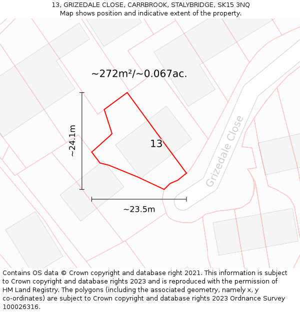 13, GRIZEDALE CLOSE, CARRBROOK, STALYBRIDGE, SK15 3NQ: Plot and title map