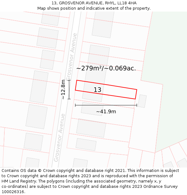 13, GROSVENOR AVENUE, RHYL, LL18 4HA: Plot and title map