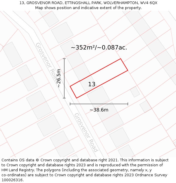 13, GROSVENOR ROAD, ETTINGSHALL PARK, WOLVERHAMPTON, WV4 6QX: Plot and title map