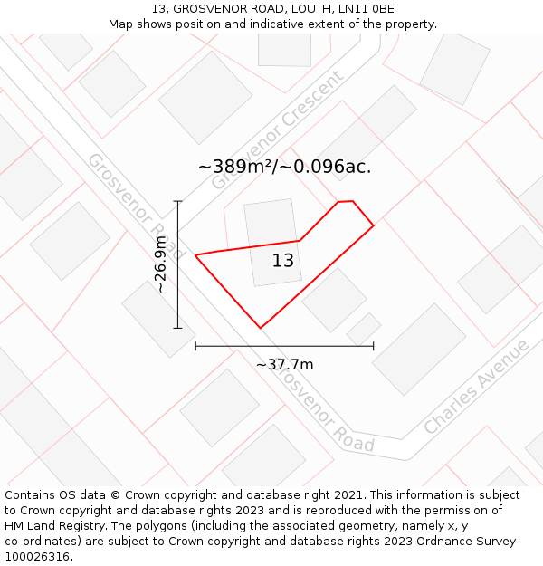 13, GROSVENOR ROAD, LOUTH, LN11 0BE: Plot and title map