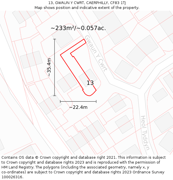 13, GWAUN Y CWRT, CAERPHILLY, CF83 1TJ: Plot and title map