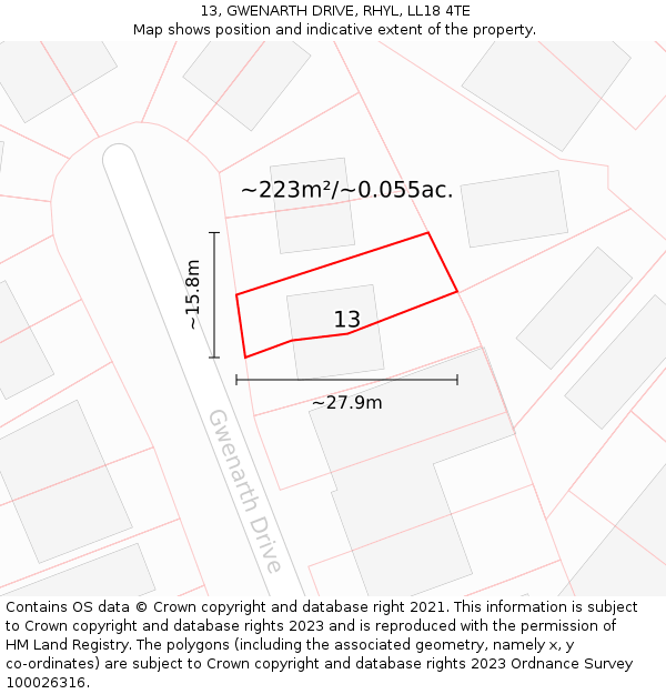 13, GWENARTH DRIVE, RHYL, LL18 4TE: Plot and title map