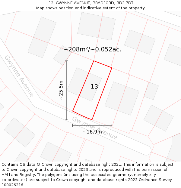 13, GWYNNE AVENUE, BRADFORD, BD3 7DT: Plot and title map