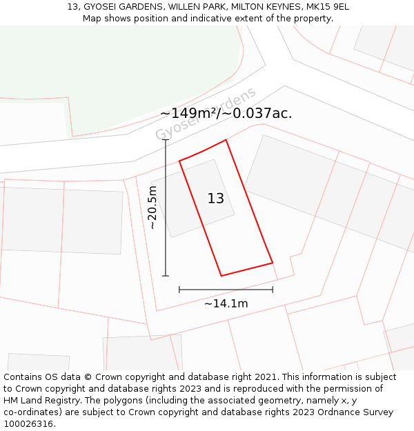 13, GYOSEI GARDENS, WILLEN PARK, MILTON KEYNES, MK15 9EL: Plot and title map