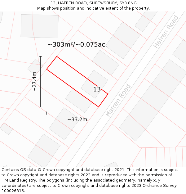 13, HAFREN ROAD, SHREWSBURY, SY3 8NG: Plot and title map