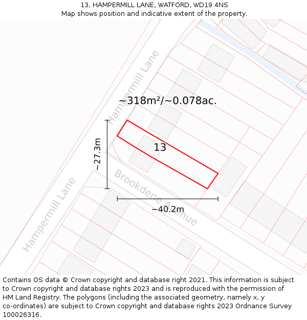 13, HAMPERMILL LANE, WATFORD, WD19 4NS: Plot and title map