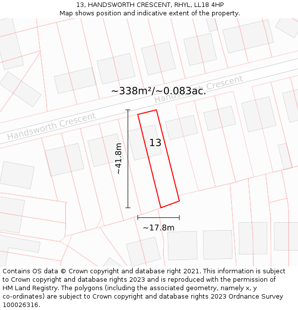 13, HANDSWORTH CRESCENT, RHYL, LL18 4HP: Plot and title map