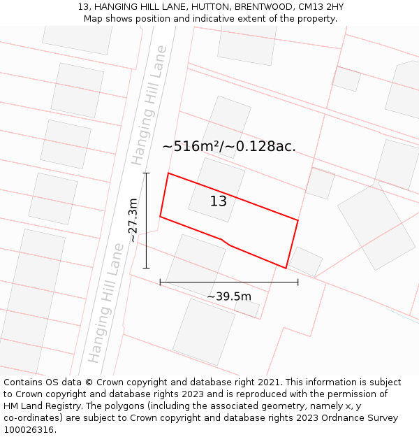 13, HANGING HILL LANE, HUTTON, BRENTWOOD, CM13 2HY: Plot and title map