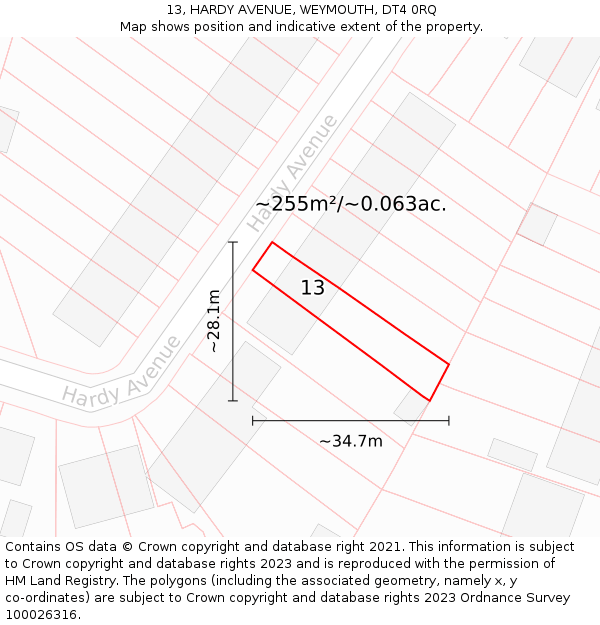 13, HARDY AVENUE, WEYMOUTH, DT4 0RQ: Plot and title map