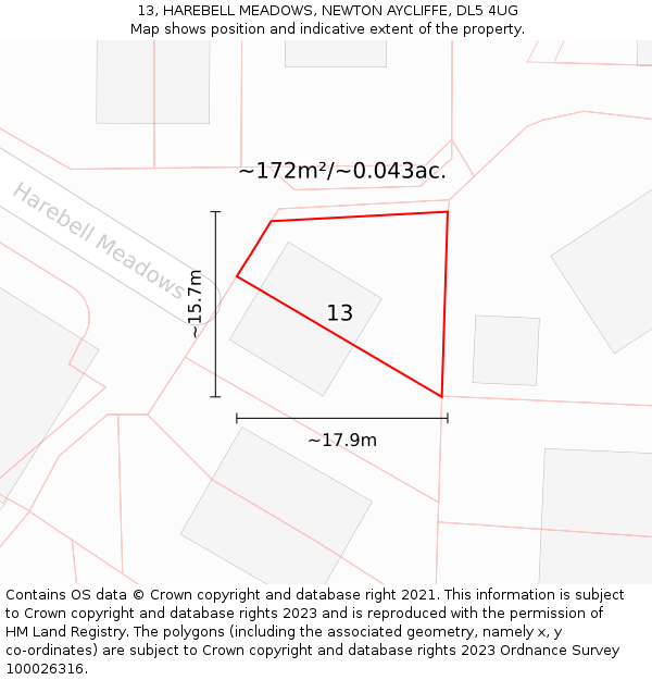 13, HAREBELL MEADOWS, NEWTON AYCLIFFE, DL5 4UG: Plot and title map