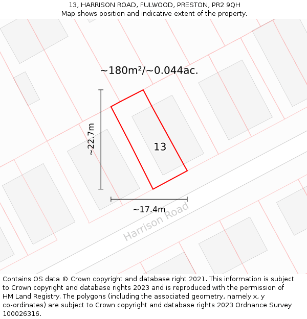 13, HARRISON ROAD, FULWOOD, PRESTON, PR2 9QH: Plot and title map