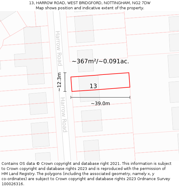 13, HARROW ROAD, WEST BRIDGFORD, NOTTINGHAM, NG2 7DW: Plot and title map