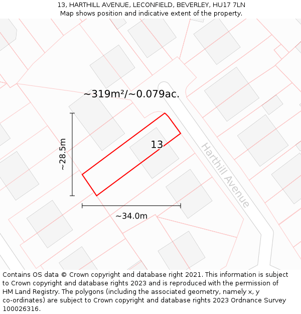 13, HARTHILL AVENUE, LECONFIELD, BEVERLEY, HU17 7LN: Plot and title map