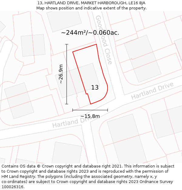 13, HARTLAND DRIVE, MARKET HARBOROUGH, LE16 8JA: Plot and title map