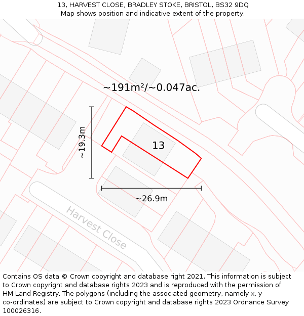 13, HARVEST CLOSE, BRADLEY STOKE, BRISTOL, BS32 9DQ: Plot and title map