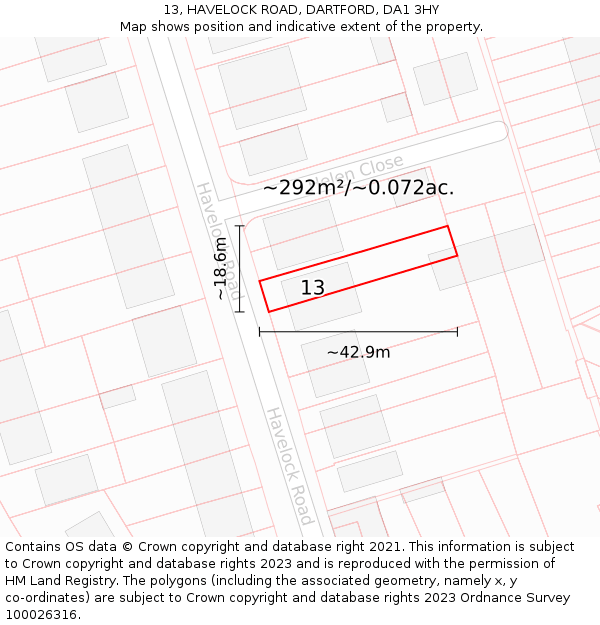 13, HAVELOCK ROAD, DARTFORD, DA1 3HY: Plot and title map