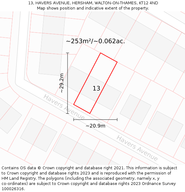 13, HAVERS AVENUE, HERSHAM, WALTON-ON-THAMES, KT12 4ND: Plot and title map