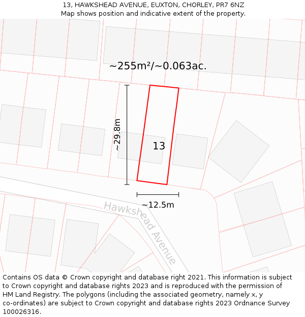 13, HAWKSHEAD AVENUE, EUXTON, CHORLEY, PR7 6NZ: Plot and title map