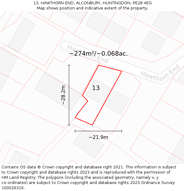 13, HAWTHORN END, ALCONBURY, HUNTINGDON, PE28 4EG: Plot and title map