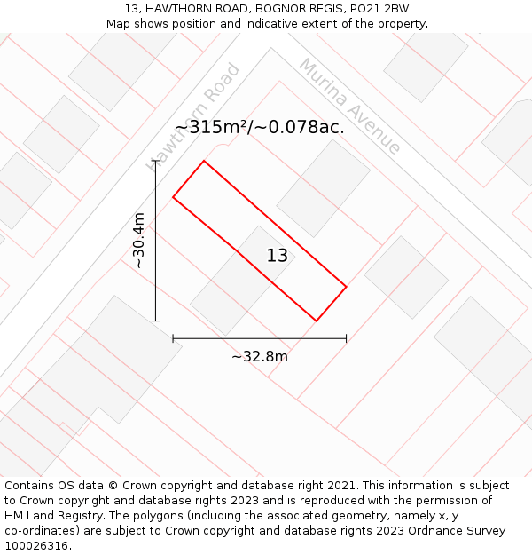 13, HAWTHORN ROAD, BOGNOR REGIS, PO21 2BW: Plot and title map