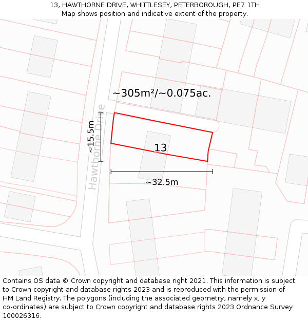 13, HAWTHORNE DRIVE, WHITTLESEY, PETERBOROUGH, PE7 1TH: Plot and title map