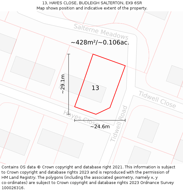 13, HAYES CLOSE, BUDLEIGH SALTERTON, EX9 6SR: Plot and title map