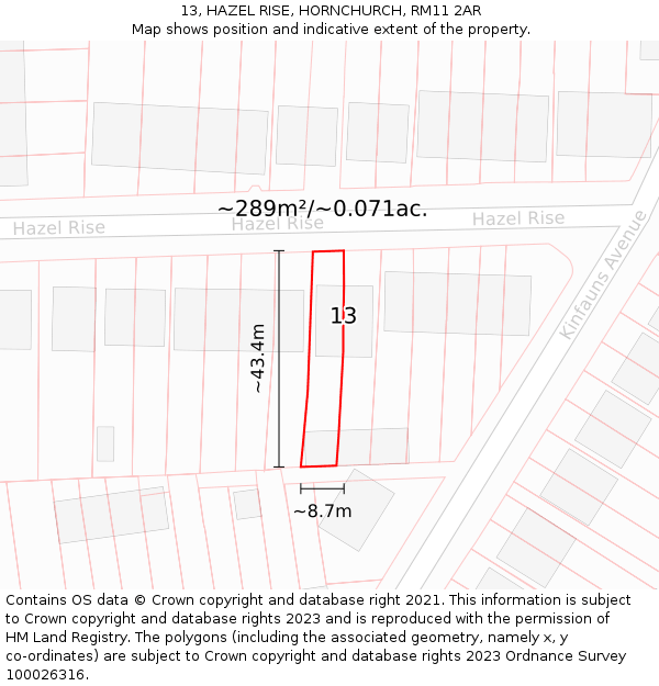 13, HAZEL RISE, HORNCHURCH, RM11 2AR: Plot and title map