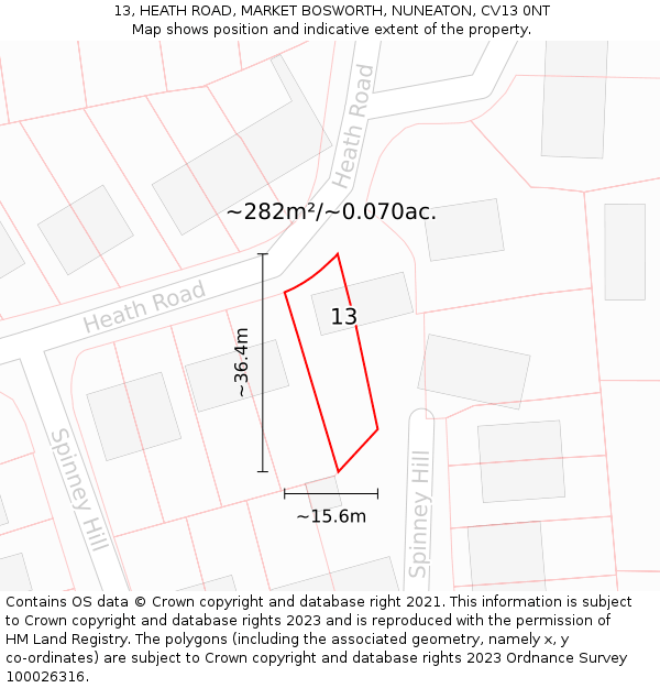 13, HEATH ROAD, MARKET BOSWORTH, NUNEATON, CV13 0NT: Plot and title map