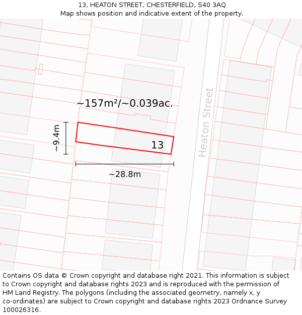 13, HEATON STREET, CHESTERFIELD, S40 3AQ: Plot and title map