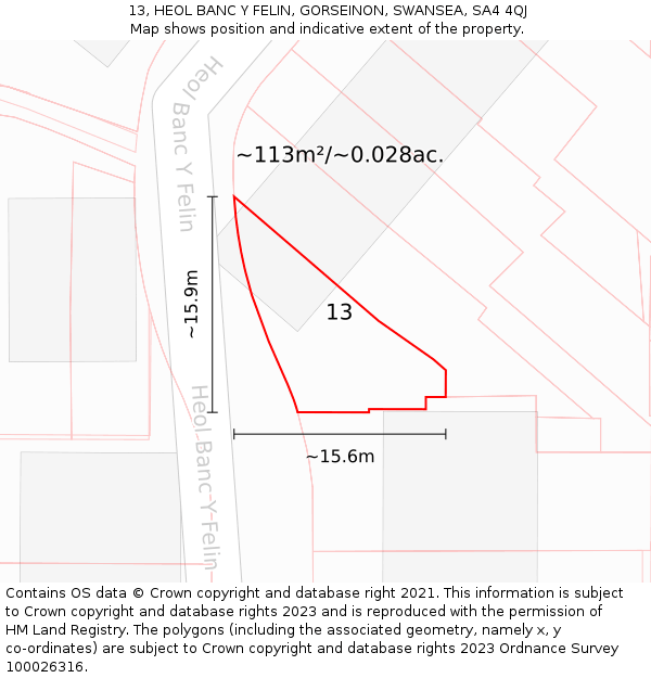 13, HEOL BANC Y FELIN, GORSEINON, SWANSEA, SA4 4QJ: Plot and title map