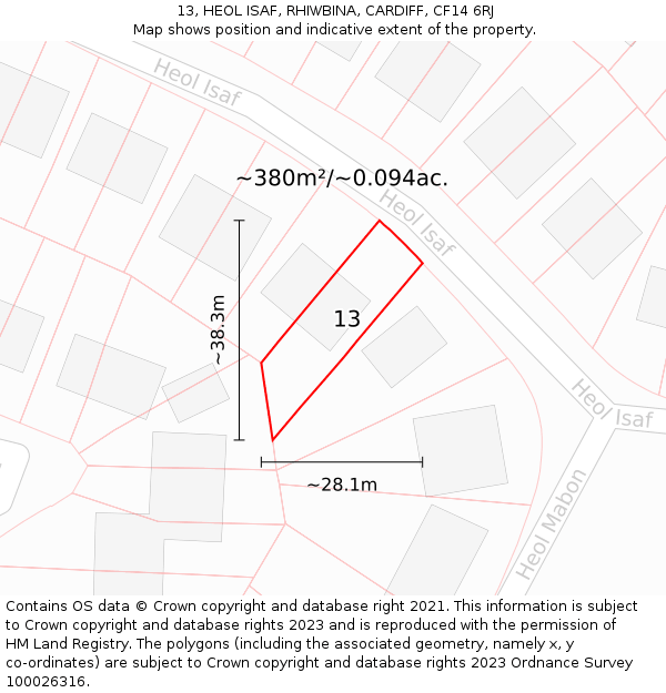 13, HEOL ISAF, RHIWBINA, CARDIFF, CF14 6RJ: Plot and title map