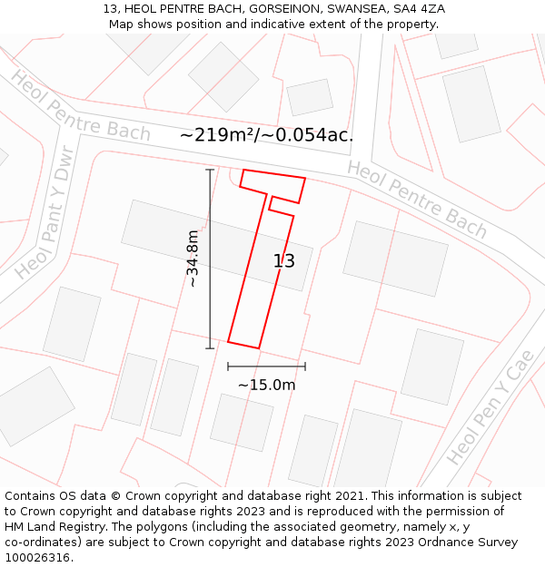 13, HEOL PENTRE BACH, GORSEINON, SWANSEA, SA4 4ZA: Plot and title map