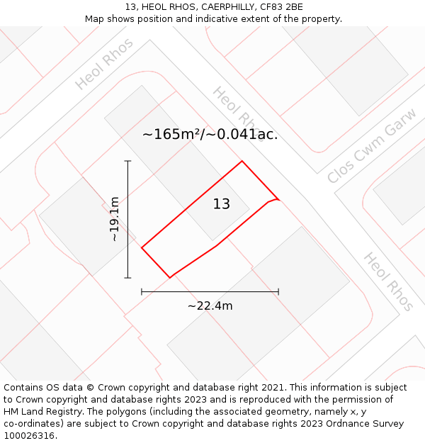 13, HEOL RHOS, CAERPHILLY, CF83 2BE: Plot and title map