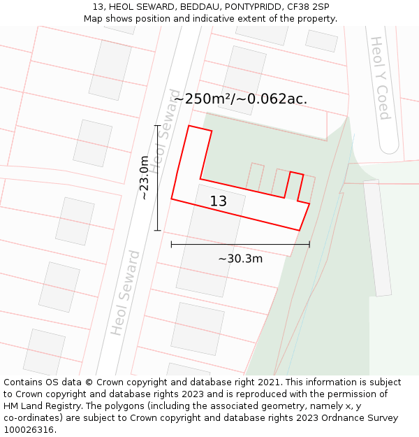 13, HEOL SEWARD, BEDDAU, PONTYPRIDD, CF38 2SP: Plot and title map