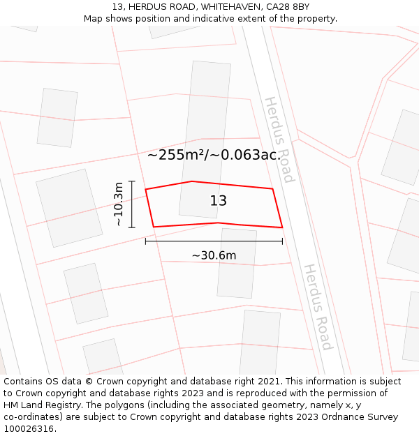 13, HERDUS ROAD, WHITEHAVEN, CA28 8BY: Plot and title map