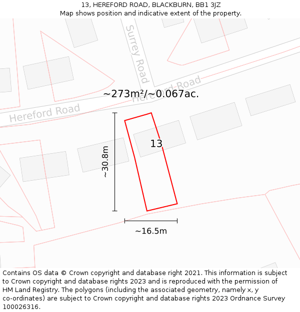 13, HEREFORD ROAD, BLACKBURN, BB1 3JZ: Plot and title map