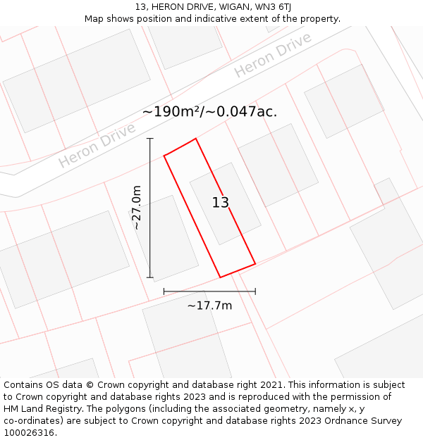 13, HERON DRIVE, WIGAN, WN3 6TJ: Plot and title map