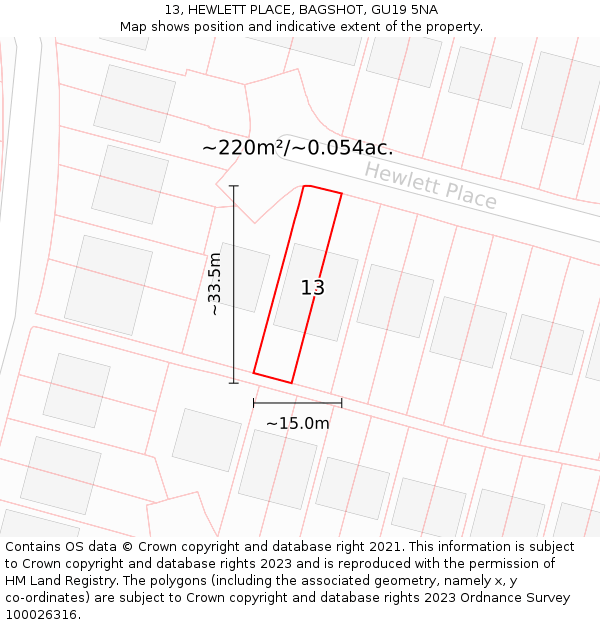 13, HEWLETT PLACE, BAGSHOT, GU19 5NA: Plot and title map