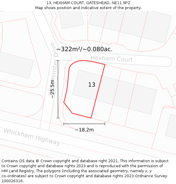 13, HEXHAM COURT, GATESHEAD, NE11 9PZ: Plot and title map