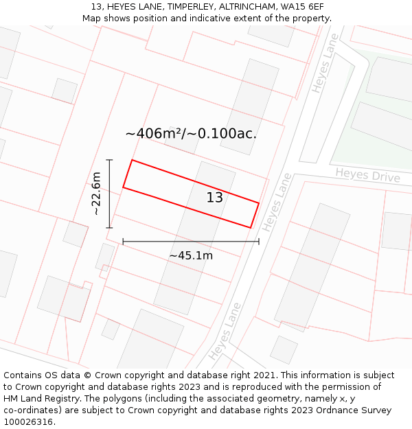 13, HEYES LANE, TIMPERLEY, ALTRINCHAM, WA15 6EF: Plot and title map