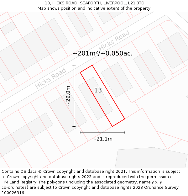 13, HICKS ROAD, SEAFORTH, LIVERPOOL, L21 3TD: Plot and title map