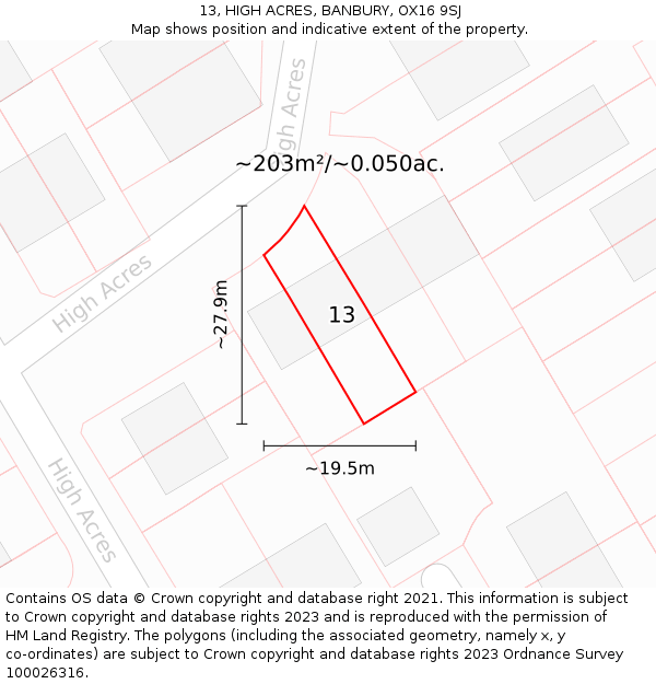 13, HIGH ACRES, BANBURY, OX16 9SJ: Plot and title map