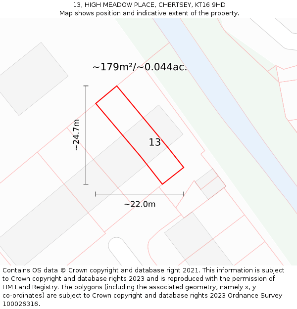 13, HIGH MEADOW PLACE, CHERTSEY, KT16 9HD: Plot and title map