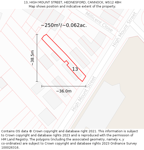 13, HIGH MOUNT STREET, HEDNESFORD, CANNOCK, WS12 4BH: Plot and title map