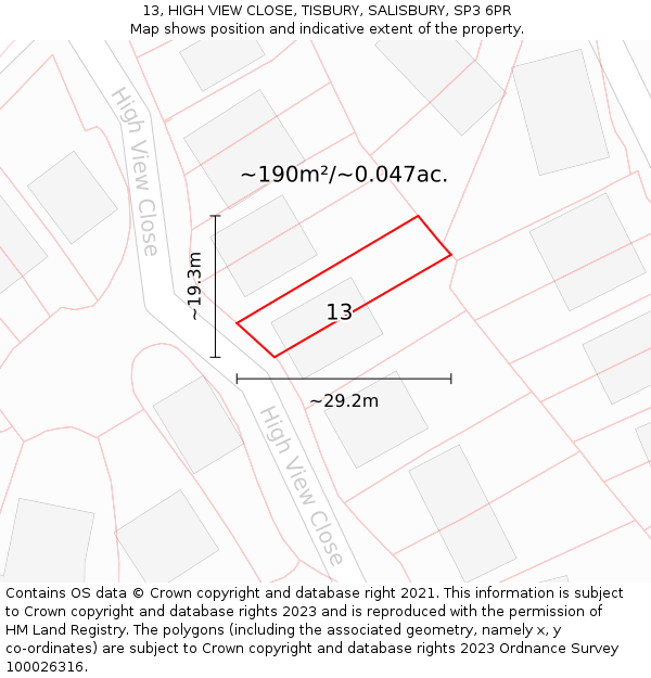 13, HIGH VIEW CLOSE, TISBURY, SALISBURY, SP3 6PR: Plot and title map